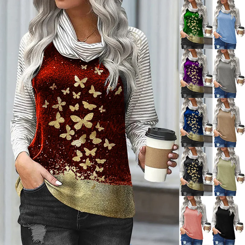 5Xl Women's T-Shirt Ladies Autumn and Winter New Splicing Long-Sleeve Pile Neck Top Striped Sleeve Printing T-Shirt Plus Size
5Xl Women's T-Shirt Ladies Autumn and Winter New Splicing Long-Sleeve Pile Neck Top Striped Sleeve Printing T-Shirt Plus Size