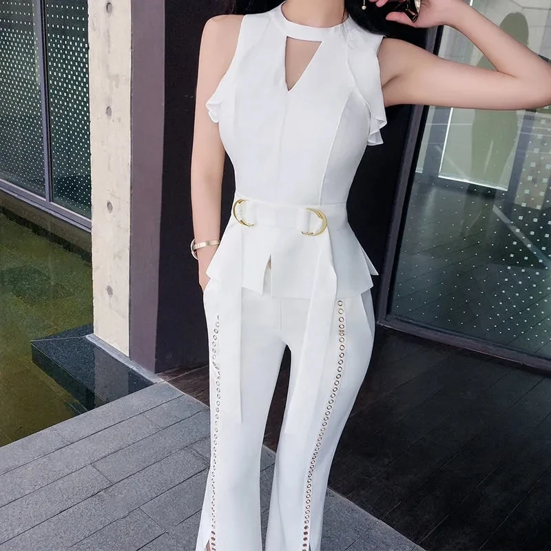 New Arrival Women's Fashion Design 2 Pieces Set Ladies Fashion Sexy Sleeveless Tops + Hollow Split Pants Suit
New Arrival Women's Fashion Design 2 Pieces Set Ladies Fashion Sexy Sleeveless Tops + Hollow Split Pants Suit