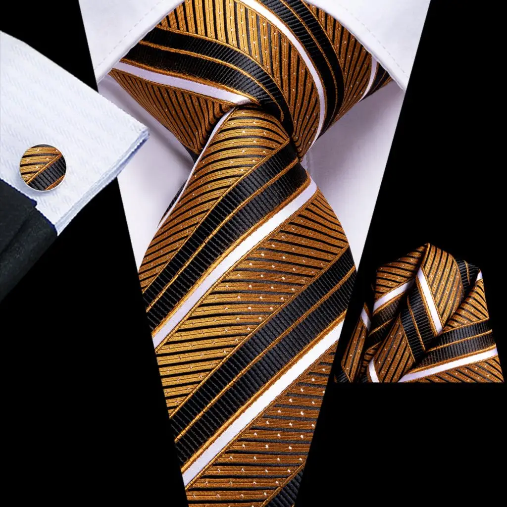 Gold Black Striped 2023 New Elegant Men Tie Hanky Cufflink Silk Necktie For Men Wedding Party Business Fashion Brand Hi-Tie
Gold Black Striped 2023 New Elegant Men Tie Hanky Cufflink Silk Necktie For Men Wedding Party Business Fashion Brand Hi-Tie