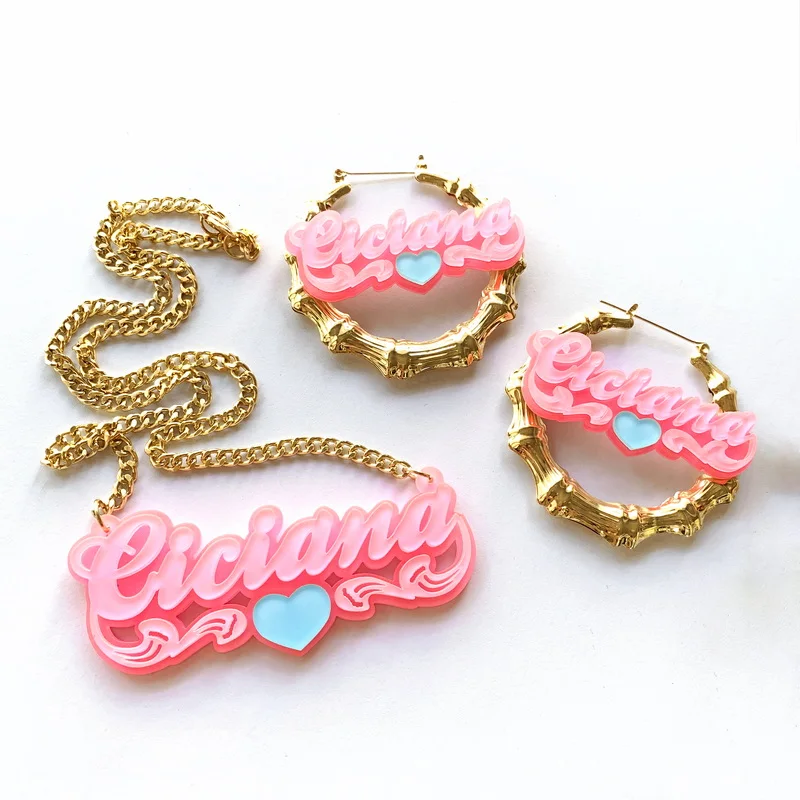 Customized Words Name Bamboo Hoop Earrings Acrylic Necklace Jewelry Set Personalized Letters With Heart Accessories Gifts
Customized Words Name Bamboo Hoop Earrings Acrylic Necklace Jewelry Set Personalized Letters With Heart Accessories Gifts