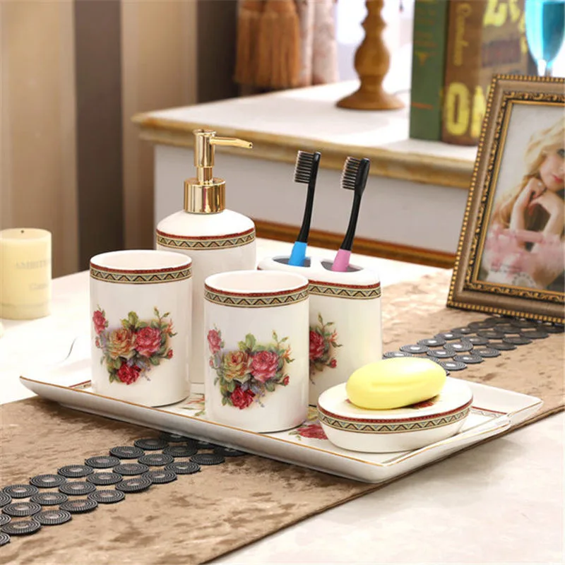Ceramic Bathroom Accessories Set Soap Dispensers Toothbrush Holder Gargle Cups Soap Dish With Tray 6 Pieces Set Wedding Gifts
Ceramic Bathroom Accessories Set Soap Dispensers Toothbrush Holder Gargle Cups Soap Dish With Tray 6 Pieces Set Wedding Gifts