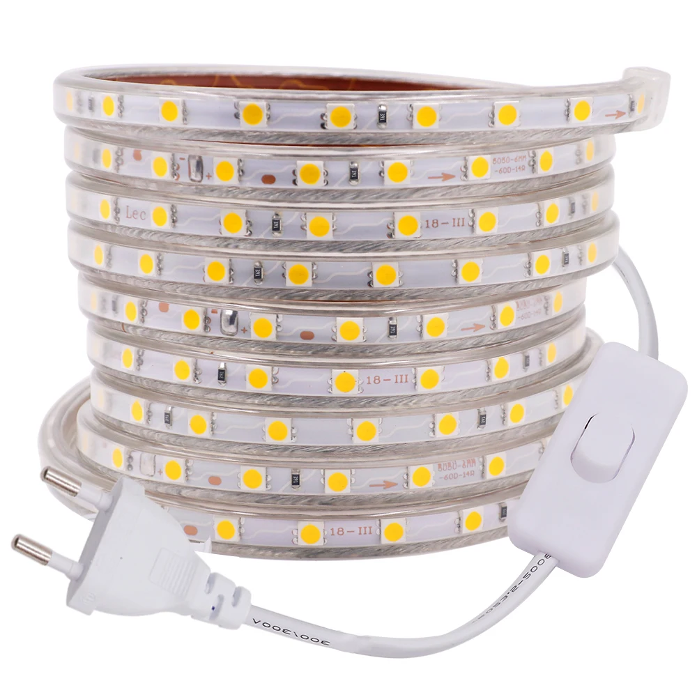AC 220V LED Strip Flexible Led Lights With Switch SMD5050 60Leds/m Waterproof Diode Tape White/Warm White/Blue Home Decor
AC 220V LED Strip Flexible Led Lights With Switch SMD5050 60Leds/m Waterproof Diode Tape White/Warm White/Blue Home Decor