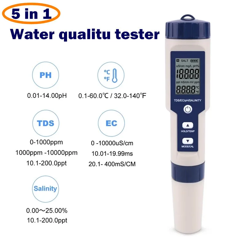 5 In 1 PH/TDS/EC/Salinity/Temperature Tester Pen Professional Digital Water Tester Waterproof Multi-Function Meter
5 In 1 PH/TDS/EC/Salinity/Temperature Tester Pen Professional Digital Water Tester Waterproof Multi-Function Meter