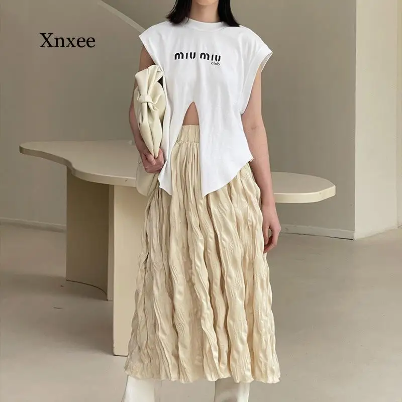 Elastic High Waist A-Line Long Skirt Texture Irregular Fashion All-Match Women Casual Spring Chic Solid Pleated Skirts 2021
Elastic High Waist A-Line Long Skirt Texture Irregular Fashion All-Match Women Casual Spring Chic Solid Pleated Skirts 2021