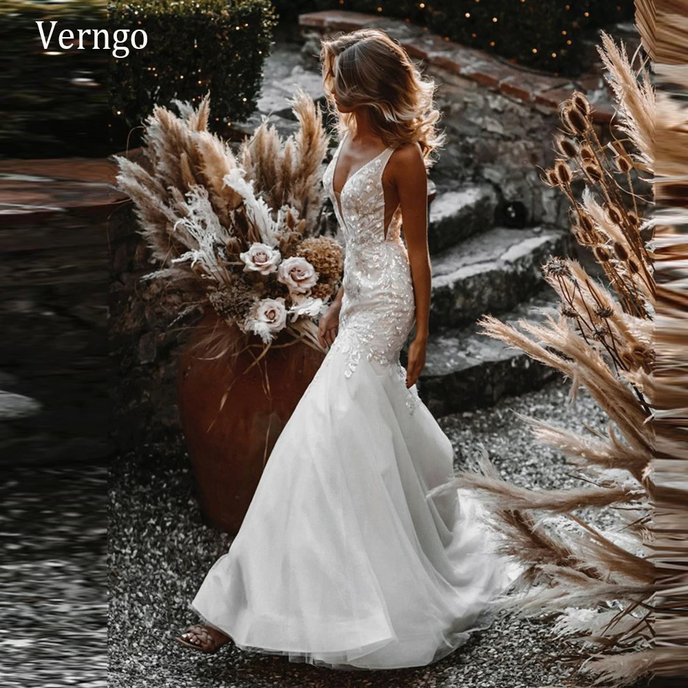 Verngo Rustic Mermaid Wedding Dress Lace Bodice V Neck Tulle Skirt Sweep Train Bride Gowns Backless Sexy 2021 Bridal Dresses
Verngo Rustic Mermaid Wedding Dress Lace Bodice V Neck Tulle Skirt Sweep Train Bride Gowns Backless Sexy 2021 Bridal Dresses