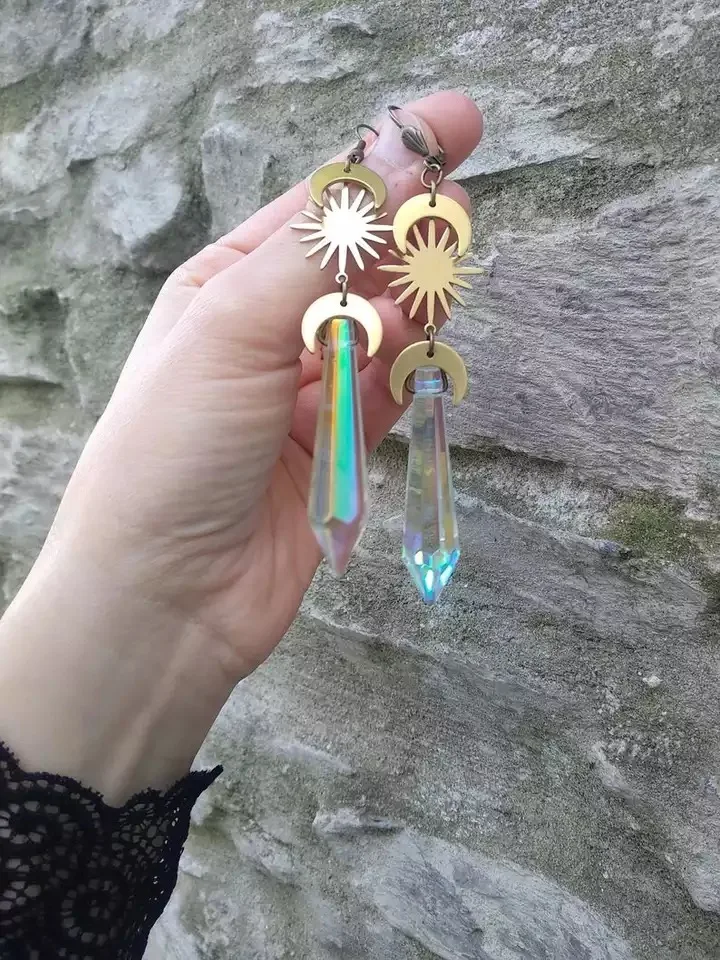 Celestial Long Earrings, Ab Crystal Earrings, Crescent Moon Earrings, Sun and Moon Earrings Raw and Antique gold Earrings
Celestial Long Earrings, Ab Crystal Earrings, Crescent Moon Earrings, Sun and Moon Earrings Raw and Antique gold Earrings