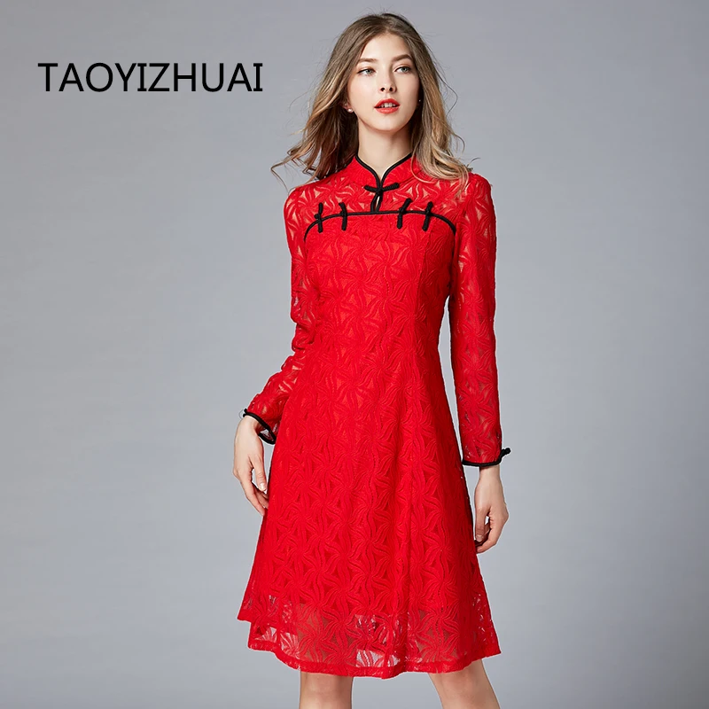 Кружевное платье-Ципао TAOYIZHUAI в китайском стиле, осеннее платье большого размера с отложным воротником и пуговицами, красного цвета, для фестивавечерние
Кружевное платье-Ципао TAOYIZHUAI в китайском стиле, осеннее платье большого размера с отложным воротником и пуговицами, красного цвета, для фестивавечерние