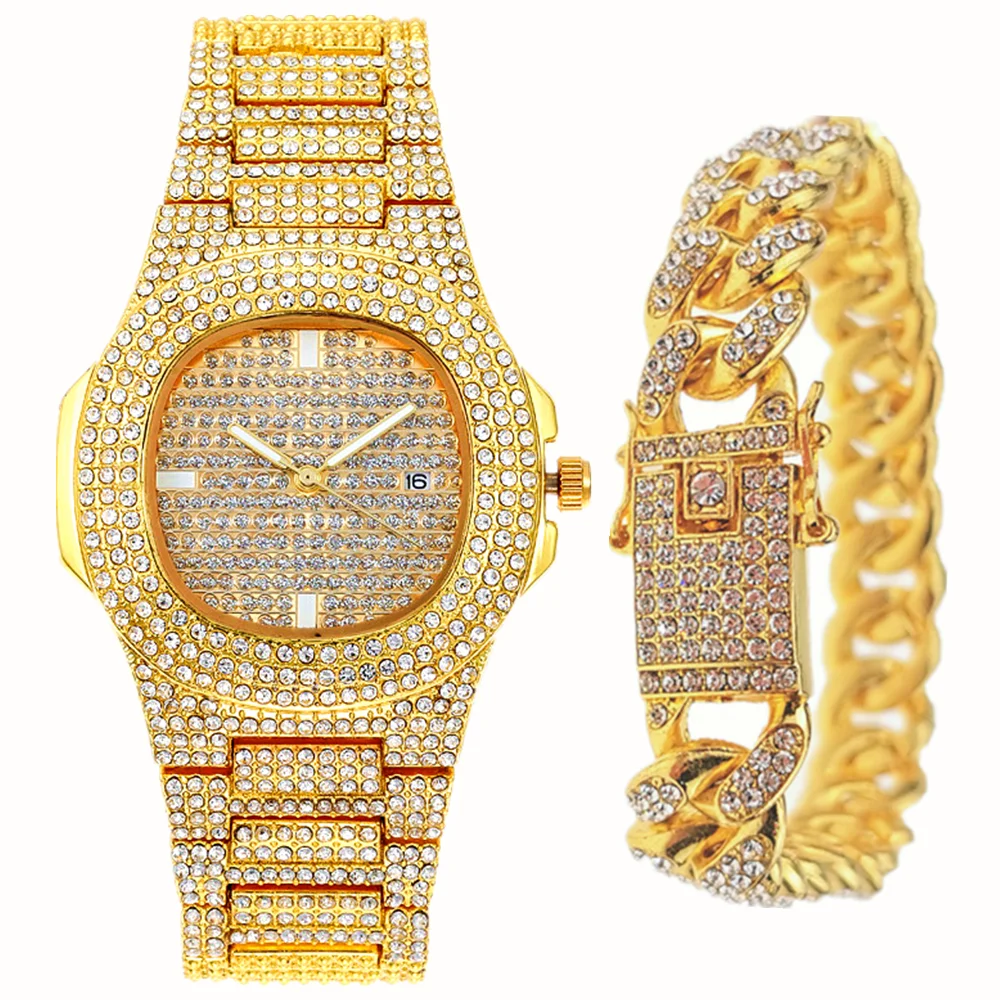 Watches for Men Women Luxury Hip Hop Iced Out Gold Watch with Bracelet Cuban Chain Rhinestone Bling Watch Set Gifts Reloj Hombre
Watches for Men Women Luxury Hip Hop Iced Out Gold Watch with Bracelet Cuban Chain Rhinestone Bling Watch Set Gifts Reloj Hombre