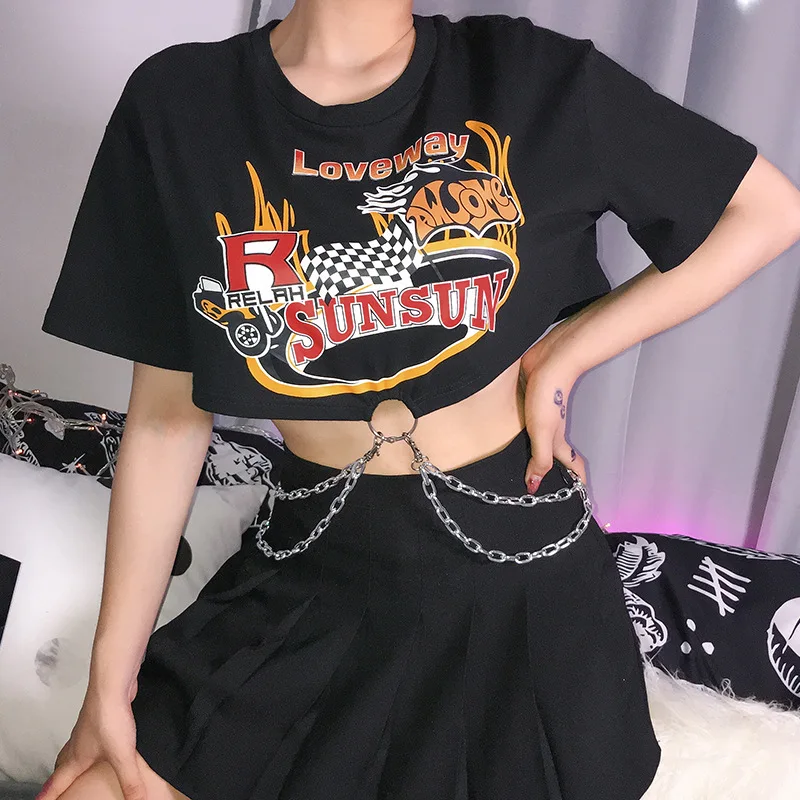 Sexy Punk Black Harajuku Shirt Women Cotton Short Sleeve Chain Crop Top 2000s Aesthetic Gothic Clothes
Sexy Punk Black Harajuku Shirt Women Cotton Short Sleeve Chain Crop Top 2000s Aesthetic Gothic Clothes
