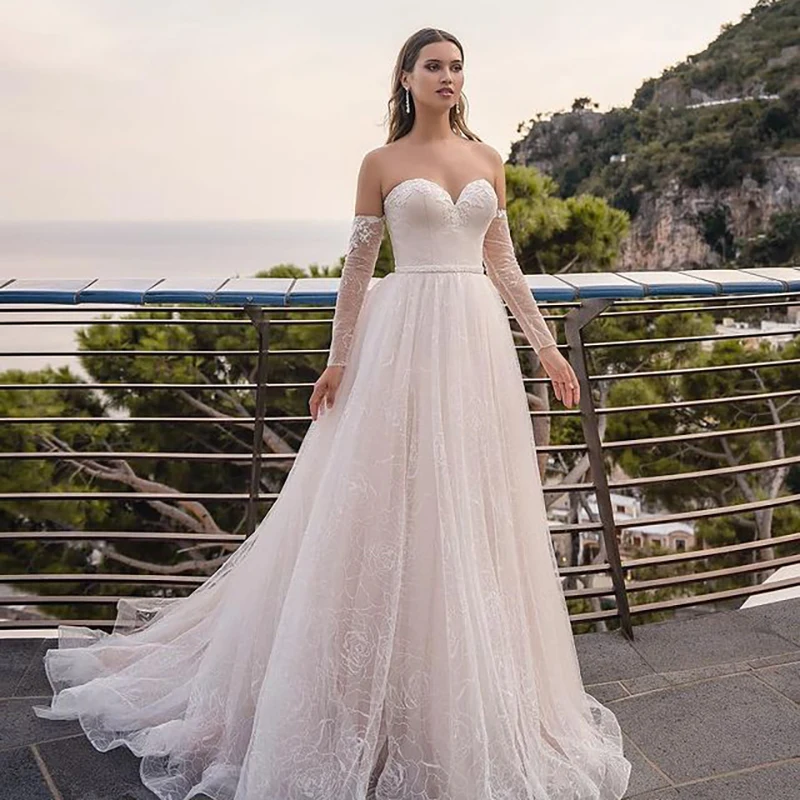 Romantic Lace Long Sleeve Wedding Dresses With Detachable Sleeve A Line Floor Length Bridal Gown Lace Up Back Custom Made
Romantic Lace Long Sleeve Wedding Dresses With Detachable Sleeve A Line Floor Length Bridal Gown Lace Up Back Custom Made