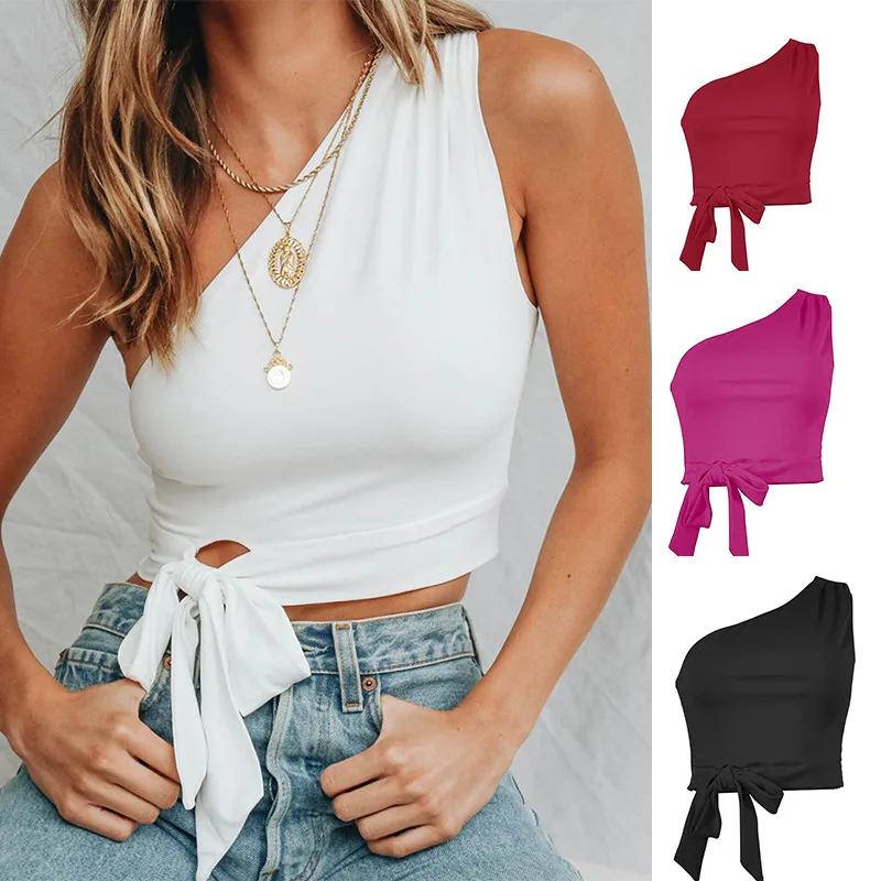 Women's Sexy One Shoulder Club Crop Top Sleeveless Spring Summer Female T Shirt White Black Skinny Lace Up Bandage Tank Top
Women's Sexy One Shoulder Club Crop Top Sleeveless Spring Summer Female T Shirt White Black Skinny Lace Up Bandage Tank Top