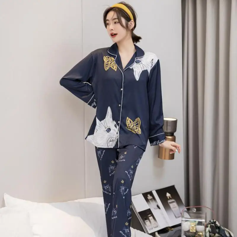 Lapel Pajamas With Trousers Female PJS Summer Sets Women Outfits Casual Ice Silk Pyjamas Pour Femme Loungewear 2PCS Home Sets
Lapel Pajamas With Trousers Female PJS Summer Sets Women Outfits Casual Ice Silk Pyjamas Pour Femme Loungewear 2PCS Home Sets