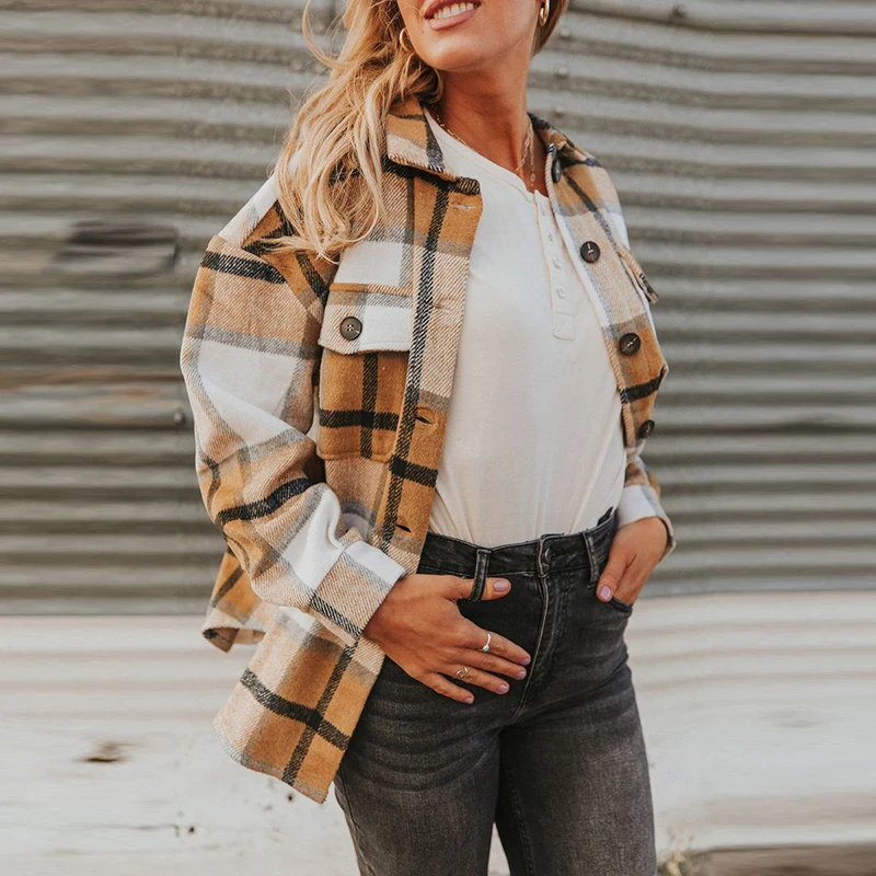 Women Button Shirt Coats Outerwear Color Block Long Sleeve Lapel Plaid Jackets Tops with Pockets Autumn Spring Female Ladies New
Women Button Shirt Coats Outerwear Color Block Long Sleeve Lapel Plaid Jackets Tops with Pockets Autumn Spring Female Ladies New