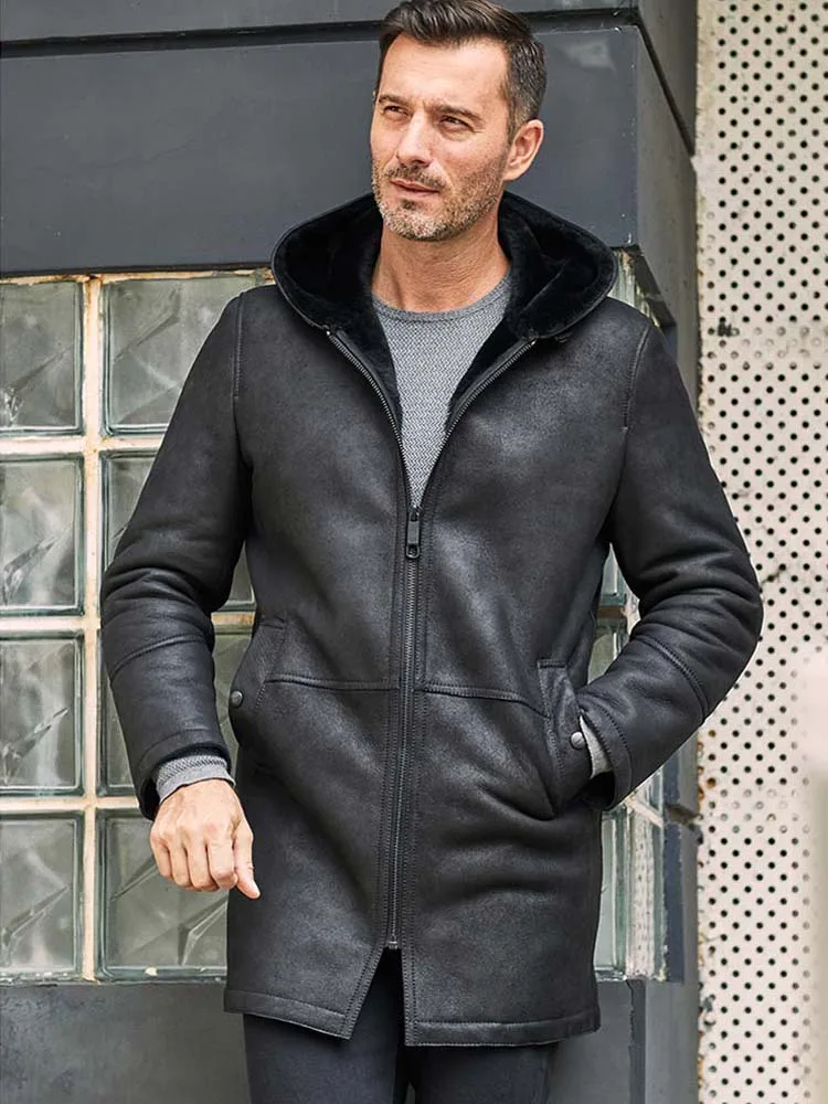 New Mens Shearling Jacket Long Fur Coat Hooded Wool Winter Outerwear Black Leather Overcoat
New Mens Shearling Jacket Long Fur Coat Hooded Wool Winter Outerwear Black Leather Overcoat