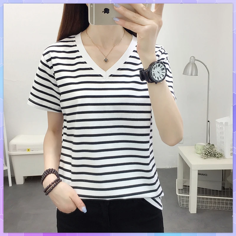 Vintage Striped Casual Women T-Shirt Short Sleeve Korean Basic Tshirt Femme Summer 2021 Plus Size Women's Top V-neck Tee Shirts
Vintage Striped Casual Women T-Shirt Short Sleeve Korean Basic Tshirt Femme Summer 2021 Plus Size Women's Top V-neck Tee Shirts