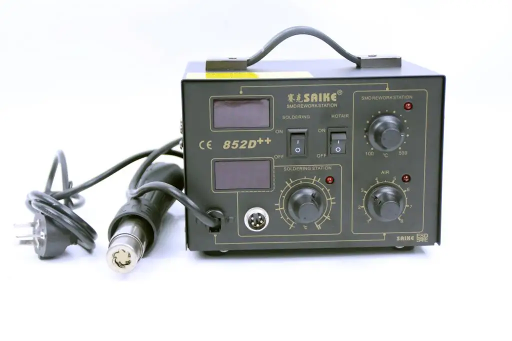 SAIKE 852D++ Electric Soldering Station Hot Air Gun 2In1 Welding Kit Standard Rework Soldering Station With Supply Air Gun Rack
SAIKE 852D++ Electric Soldering Station Hot Air Gun 2In1 Welding Kit Standard Rework Soldering Station With Supply Air Gun Rack