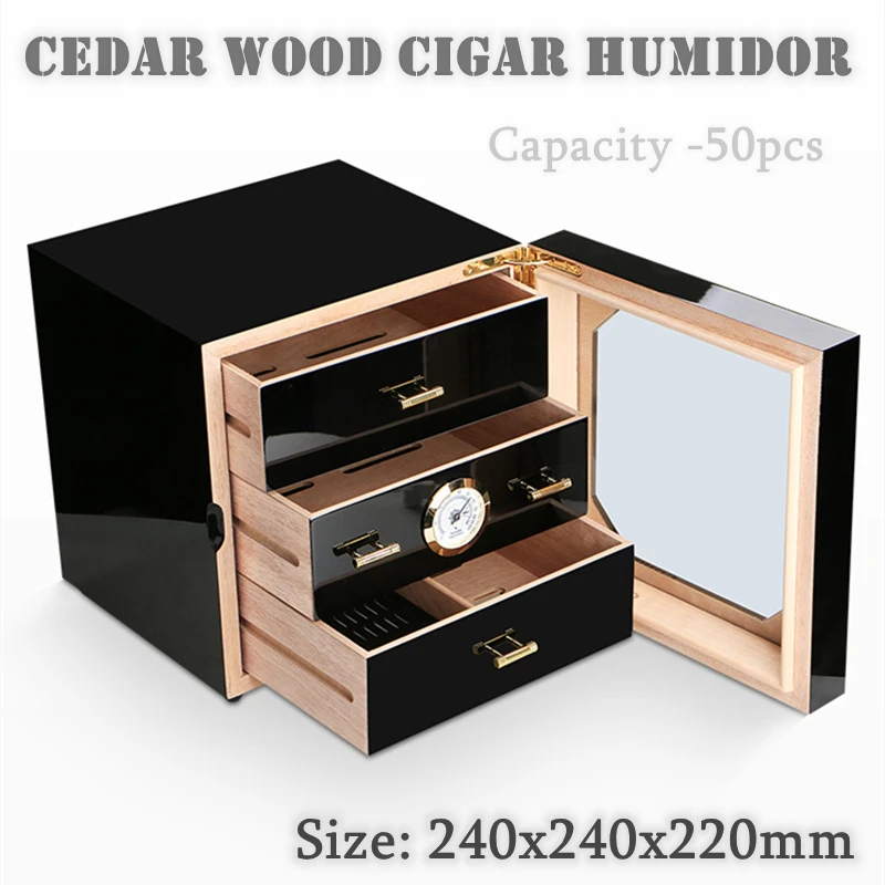 Quality Cedar Wood Cigar Humidor 240x240x220mm Capacity 50 Black Cigar Case Storage Box Lined Humidifier Hygrometer Gift Ashtray
Quality Cedar Wood Cigar Humidor 240x240x220mm Capacity 50 Black Cigar Case Storage Box Lined Humidifier Hygrometer Gift Ashtray