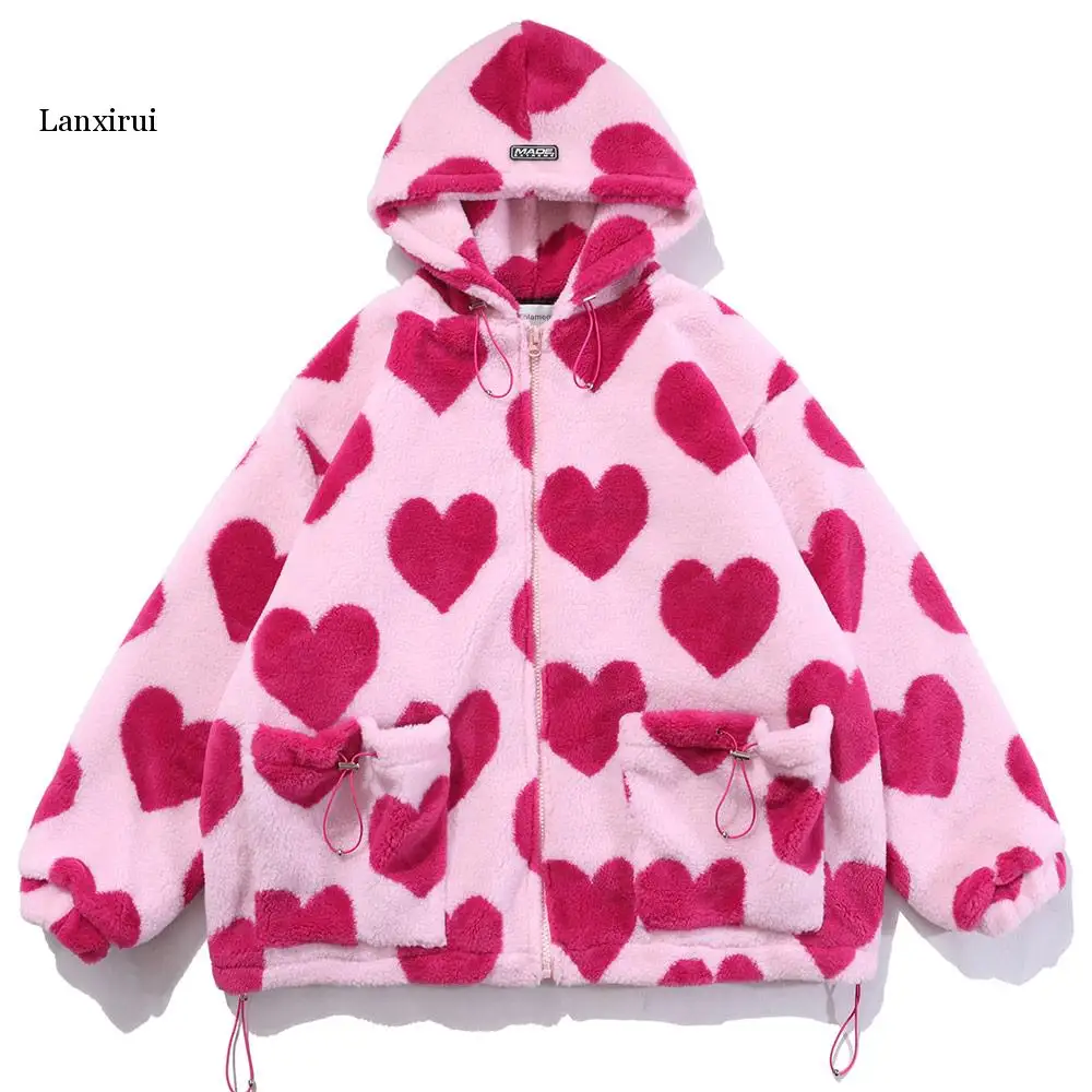 Cute Heart-shaped Print Lambswool Winter Jacket Men Drawstring Pockets Zipper Hooded High Street Warm Couple Streetwear
Cute Heart-shaped Print Lambswool Winter Jacket Men Drawstring Pockets Zipper Hooded High Street Warm Couple Streetwear