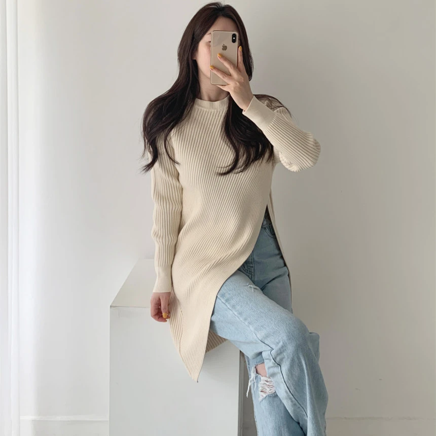Women's Stylish Knitted Pullover Sweaters Solid O-Neck Long Sleeves Pit Pattern Split Hem Extended Long Knitwear Winter Spring
Women's Stylish Knitted Pullover Sweaters Solid O-Neck Long Sleeves Pit Pattern Split Hem Extended Long Knitwear Winter Spring