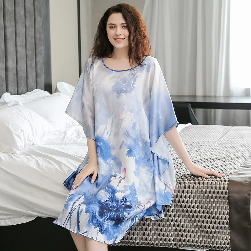 Summer 100% Real Silk Nightgown Women Print Hangzhou Silk Nightdress Women Sleepwear Half Sleeves Nightwear Loose Plus Size Robe
Summer 100% Real Silk Nightgown Women Print Hangzhou Silk Nightdress Women Sleepwear Half Sleeves Nightwear Loose Plus Size Robe