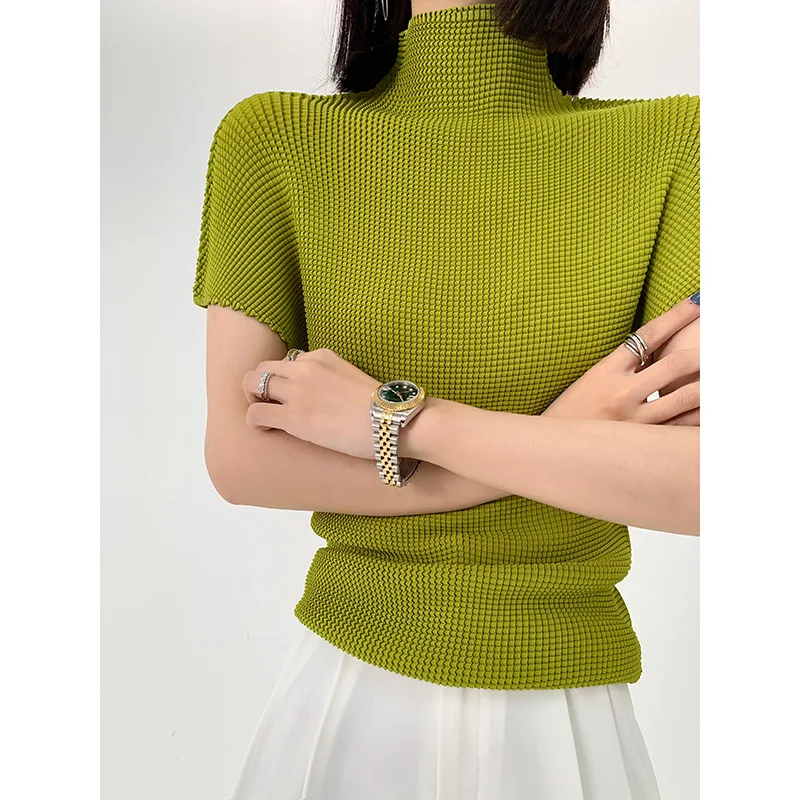 Summer New Avocado Green Short Sleeve Stand Collar Top Miyak fold Fashion plus size high elastic women's short-sleeved T-shirt
Summer New Avocado Green Short Sleeve Stand Collar Top Miyak fold Fashion plus size high elastic women's short-sleeved T-shirt
