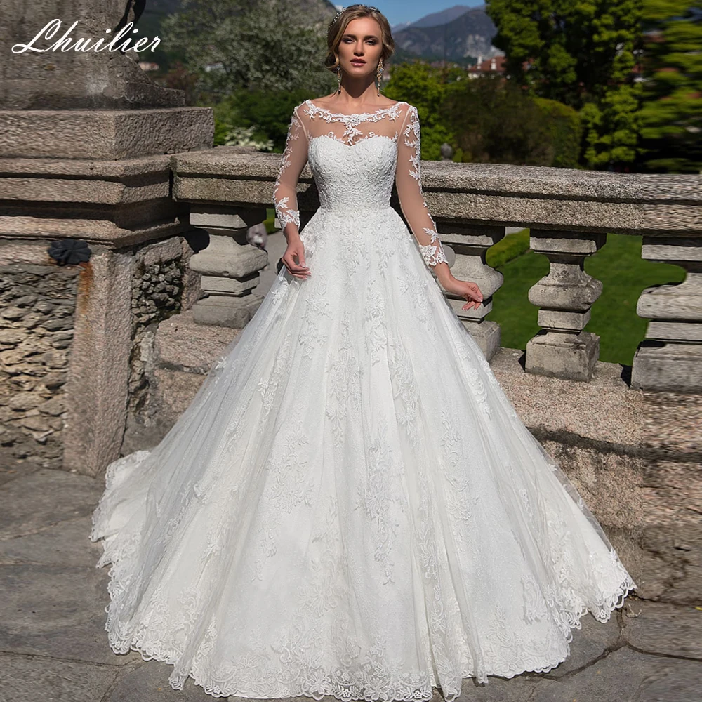 Lhuilier Customized A Line Scoop Neck Lace Wedding Dresses Full Sleeves V-Back Floor Length Bridal Gowns with Court Train
Lhuilier Customized A Line Scoop Neck Lace Wedding Dresses Full Sleeves V-Back Floor Length Bridal Gowns with Court Train