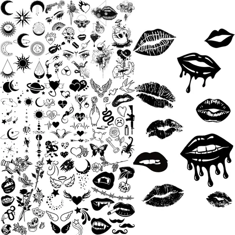 Black Lips Temporary Tattoos For Women Men Realistic Eye Skull Planet String Fake Tattoo Sticker Hand Body Tatoos Hot Sale Small
