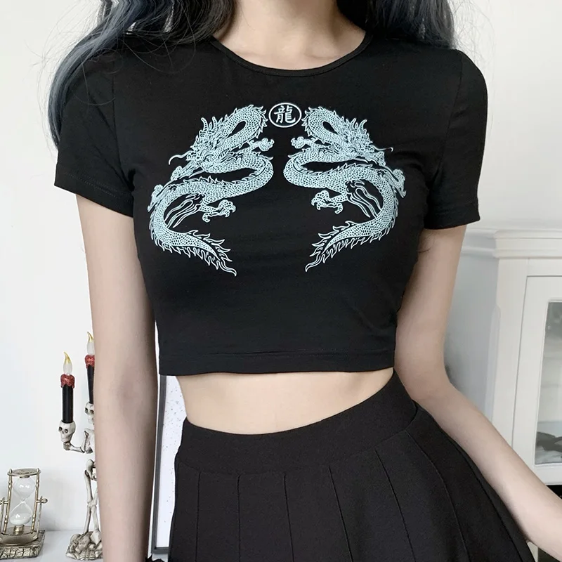 Women Dragon Pattern Crop T-shirts Tops Harajuku Sexy Streetwear Gothic Bodycon Short Tee Female Casual Summer Tees Daily Wear
Women Dragon Pattern Crop T-shirts Tops Harajuku Sexy Streetwear Gothic Bodycon Short Tee Female Casual Summer Tees Daily Wear