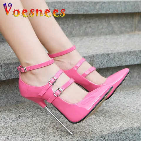 Voesnees Women 16CM Heels 2021 Metal Stiletto Sexy Pointed Toe Fetish Female Shoes Chic Belt Buckle Nightclub Fun Pumps Size 43