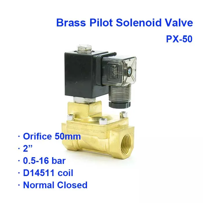 2 Way Low Pressure Pneumatic Brass Pilot Solenoid Valve PX-50 BSP Port G2" 0.5-7bar Orifice 50mm D14511 coil
2 Way Low Pressure Pneumatic Brass Pilot Solenoid Valve PX-50 BSP Port G2" 0.5-7bar Orifice 50mm D14511 coil