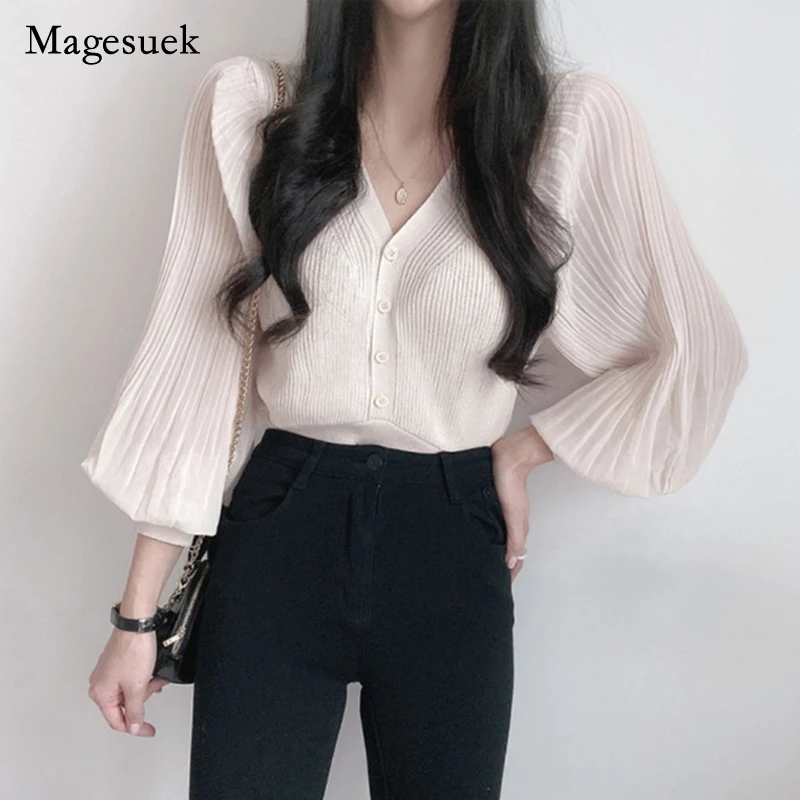Korean Chic Elegant Women Tops Long Lantern Sleeve Chiffon Shirt Women Autumn V-neck Knitted Cardigan Woman Shirts Clothes 15731
Korean Chic Elegant Women Tops Long Lantern Sleeve Chiffon Shirt Women Autumn V-neck Knitted Cardigan Woman Shirts Clothes 15731