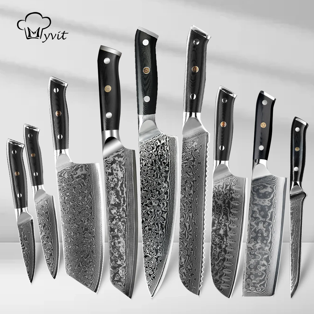 Damascus Chef Knife Kitchen Knife Myvit Professional Damascus Steel Knife VG10 Stainless Steel Blade with G10 Handle Gift Box
Damascus Chef Knife Kitchen Knife Myvit Professional Damascus Steel Knife VG10 Stainless Steel Blade with G10 Handle Gift Box