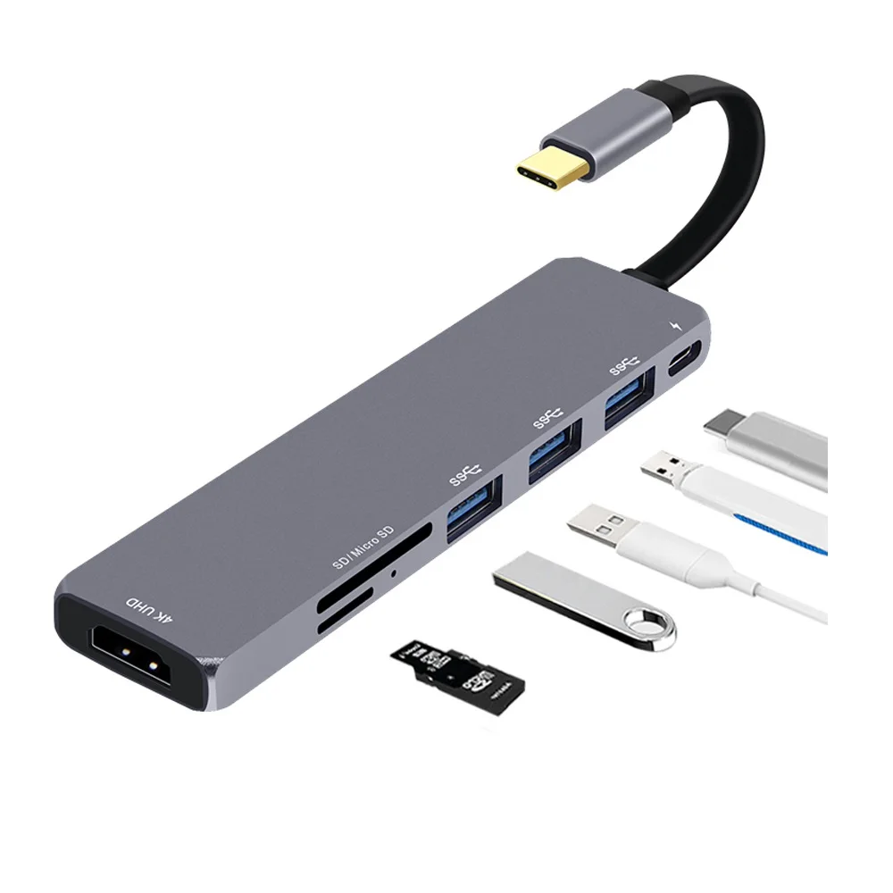 7 in 1 Type-c Multifunctional docking station USB-C to HDMI+USB3.0x3+USB3.1(PD)+SD+Micro SD Aluminum alloy material 4K*2K 30Hz
7 in 1 Type-c Multifunctional docking station USB-C to HDMI+USB3.0x3+USB3.1(PD)+SD+Micro SD Aluminum alloy material 4K*2K 30Hz