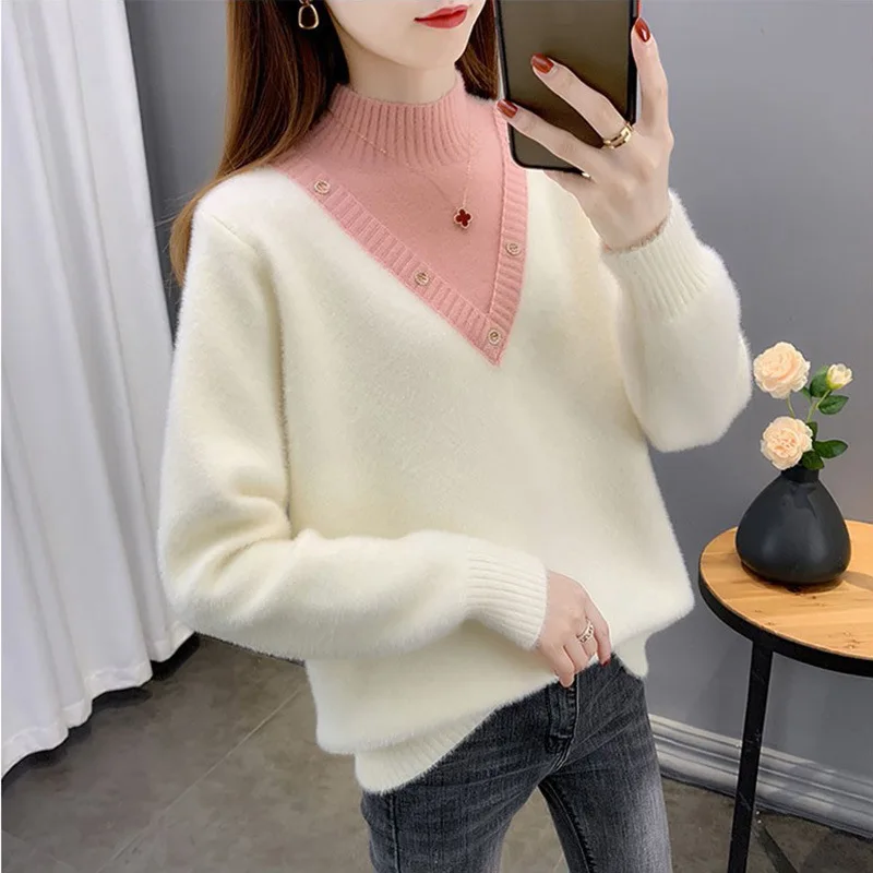 Winter Thick Splicing Half High Collar Sweater Women Pullover Jumpers Ladies Patchwork Long Sleeve Faux Mink Cashmere Top Female
Winter Thick Splicing Half High Collar Sweater Women Pullover Jumpers Ladies Patchwork Long Sleeve Faux Mink Cashmere Top Female