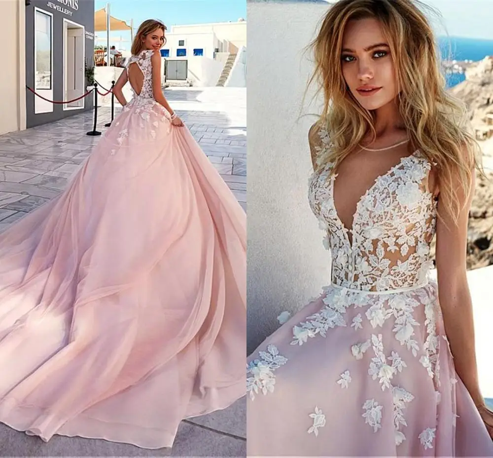 Popular V-Neck A-Line Wedding Dresses With 3D Beaded Flowers Cut-out Open Back Pink Bridal Gowns Vestidos De Noiva
Popular V-Neck A-Line Wedding Dresses With 3D Beaded Flowers Cut-out Open Back Pink Bridal Gowns Vestidos De Noiva