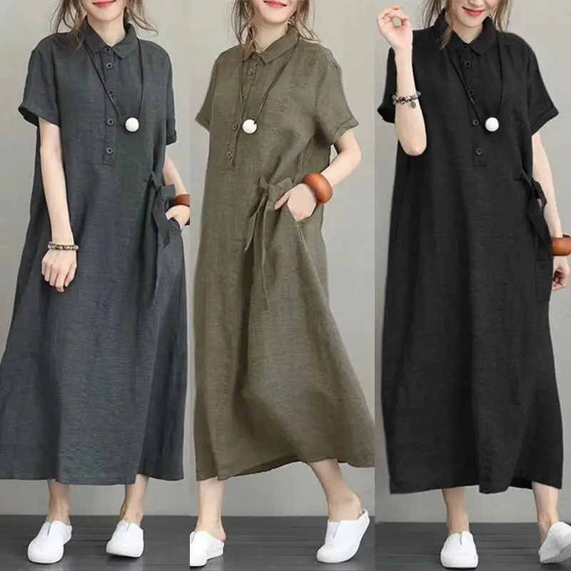 Summer Solid Color Lapel Dresses For Women Casual Literary Temperament Modern Office Lady Short Sleeves Pullover Shirt Dress
Summer Solid Color Lapel Dresses For Women Casual Literary Temperament Modern Office Lady Short Sleeves Pullover Shirt Dress