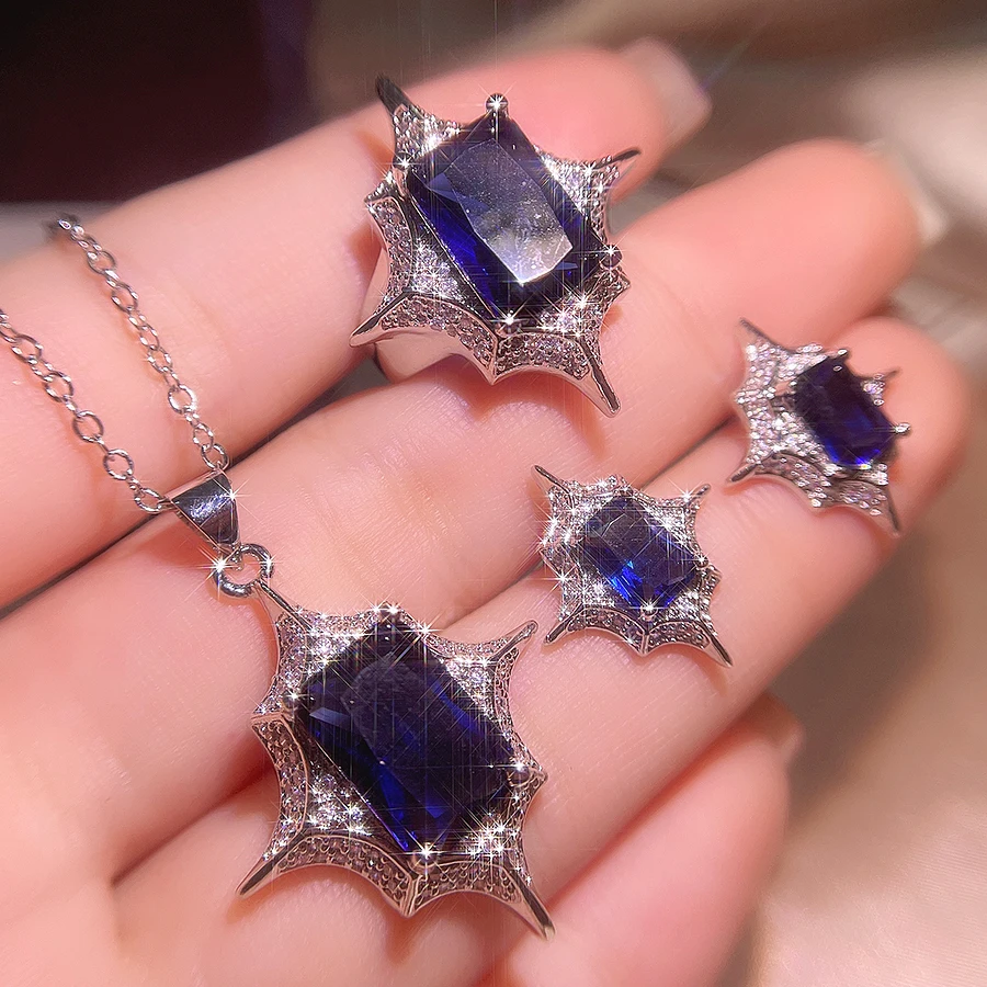 NEW 925 Sterling Silver Sapphire Gemstone Jewelry Set Vintage Geometric Wedding Ring Earring Necklace For Women Wholesale
NEW 925 Sterling Silver Sapphire Gemstone Jewelry Set Vintage Geometric Wedding Ring Earring Necklace For Women Wholesale