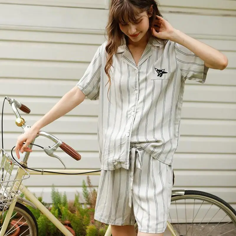 Women Striped Nightwear Viscose Pajamas Set Cute Cat Sleepwear 2PCS Shirt&Shorts Casual Lounge Wear Soft Lingerie Home Clothes
Women Striped Nightwear Viscose Pajamas Set Cute Cat Sleepwear 2PCS Shirt&Shorts Casual Lounge Wear Soft Lingerie Home Clothes