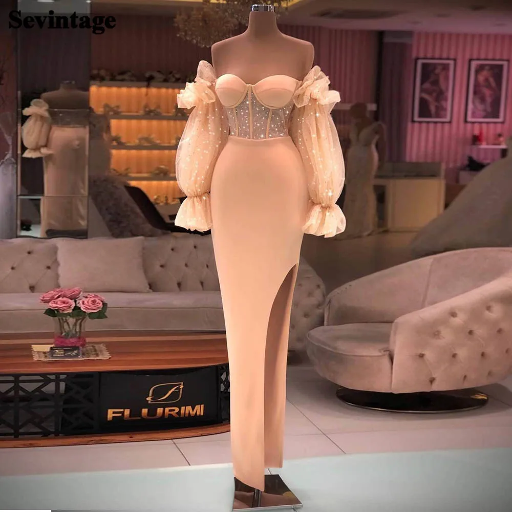 Sevintage Champagne Dotted Tulle Soft Satin Eveing Dresses Women Long Sleeves Prom Party Gowns Slit Boning Mermaid Formal Dress
Sevintage Champagne Dotted Tulle Soft Satin Eveing Dresses Women Long Sleeves Prom Party Gowns Slit Boning Mermaid Formal Dress