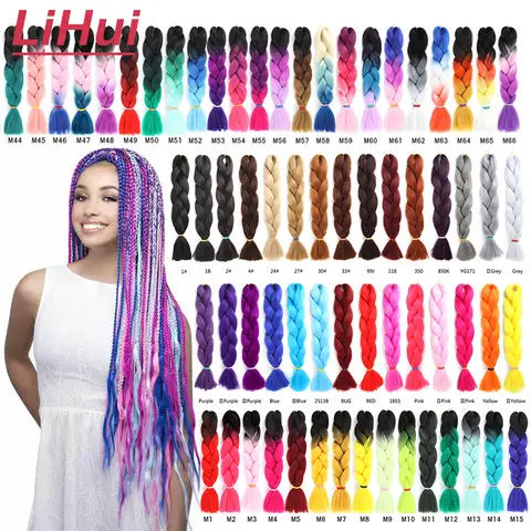 Lihui 24 inch jumbo vlecht synthetisch vlechthaar ombre jumbo haarverlenging voor vrouwen doe-het-zelf haar vlechten roze paars geel grijs