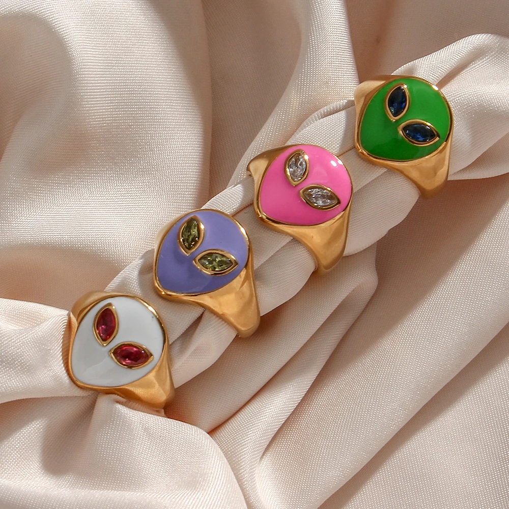 Tarnish Free Stainless Steel 18K Gold Plated Colorful Green Pink Purple White CZ Stone Alien Rings For Women Ice Out Jewelry
Tarnish Free Stainless Steel 18K Gold Plated Colorful Green Pink Purple White CZ Stone Alien Rings For Women Ice Out Jewelry
