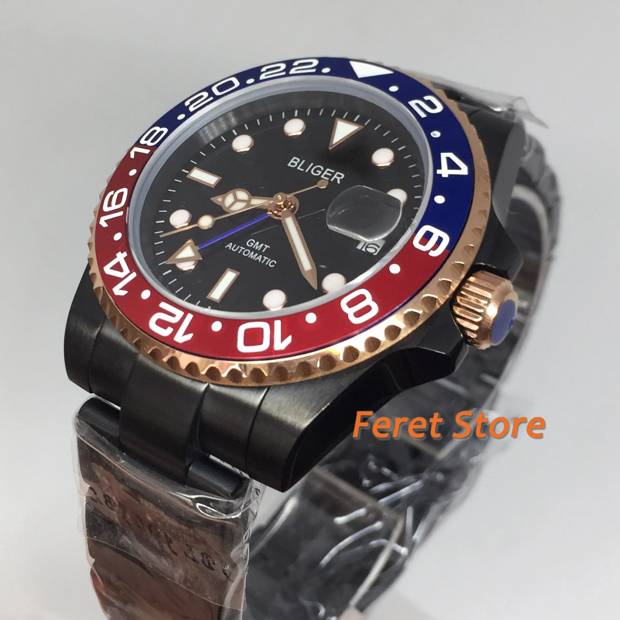 BLIGER 40mm Men's Business GMT Mechanical Watch Black PVD Case Sapphire Glass red blue Bezel Date stainless Mens Automatic Watch
BLIGER 40mm Men's Business GMT Mechanical Watch Black PVD Case Sapphire Glass red blue Bezel Date stainless Mens Automatic Watch
