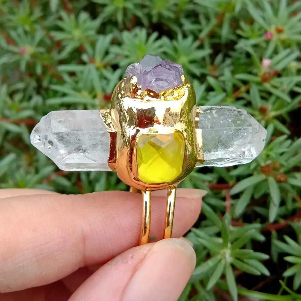 Y.YING Natural Clear Quartz Point Amethyst Druzy Yellow Crystal Ring Gold Plated Adjustable Gems Ring
Y.YING Natural Clear Quartz Point Amethyst Druzy Yellow Crystal Ring Gold Plated Adjustable Gems Ring