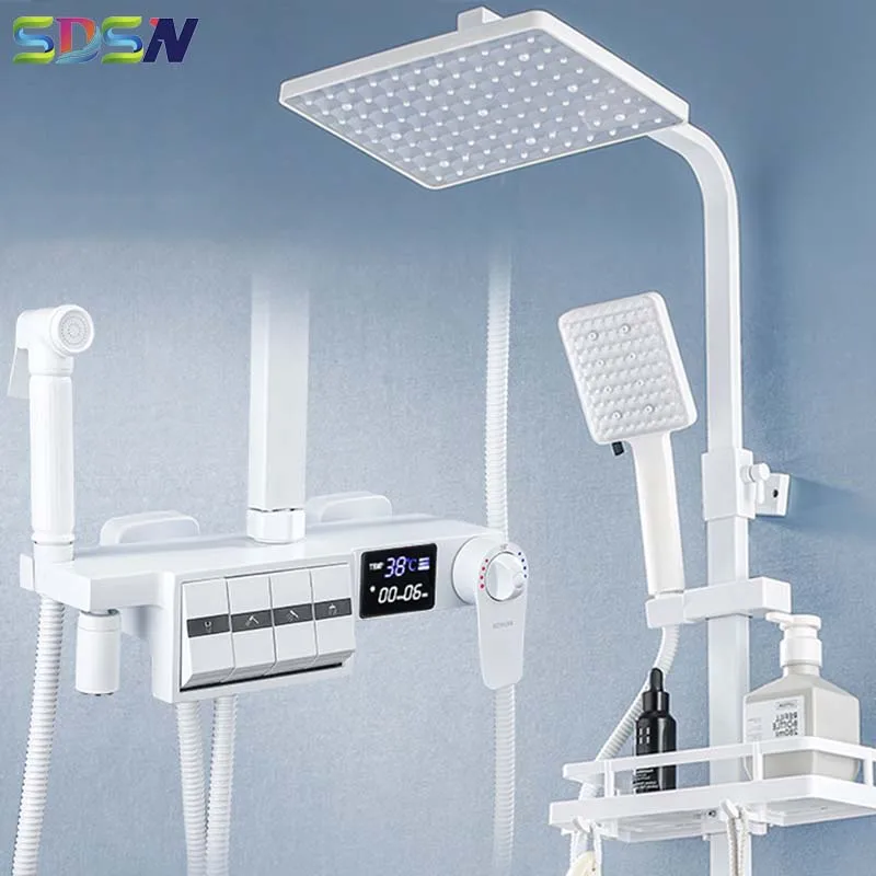 White Digital Bathroom Shower Set Quality Brass Bathroom Mixer Faucets Rainfall Shower Head White Brass Thermostatic Shower Sets
White Digital Bathroom Shower Set Quality Brass Bathroom Mixer Faucets Rainfall Shower Head White Brass Thermostatic Shower Sets