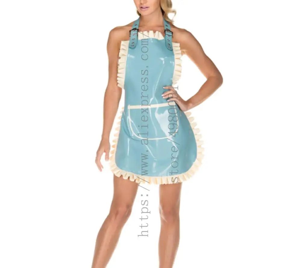 Women's sky blue maid latex apron with white ruffles decorations and what is made of 0.4mm natural & flexible latex materials
Women's sky blue maid latex apron with white ruffles decorations and what is made of 0.4mm natural & flexible latex materials