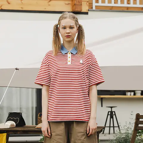 Bebobsons Summer New Ladies Red Striped T-shirt Turn-down Collar Cotton Top Women Loose Tee Tshirt Short Sleeve POLO Shirt