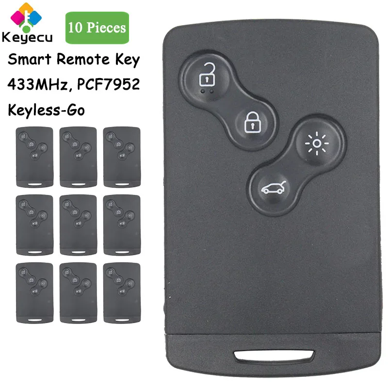 KEYECU 10 Pieces Keyless Go Smart Remote Car Key With 4 Buttons 433MHz PCF7952 Chip for Renault Megana III Sceni III 2009 - 2015
KEYECU 10 Pieces Keyless Go Smart Remote Car Key With 4 Buttons 433MHz PCF7952 Chip for Renault Megana III Sceni III 2009 - 2015