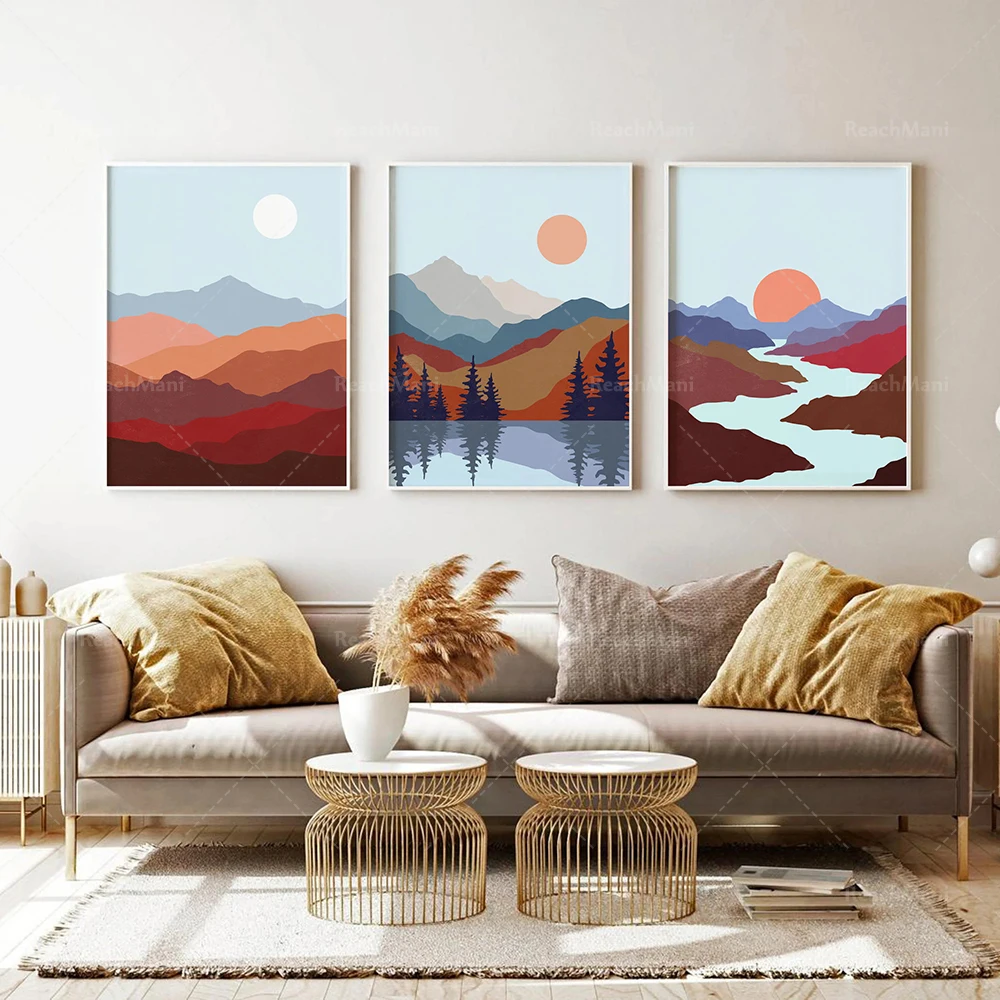 Abstract landscape printable wall art, 3-piece set of mountain and lake prints, mid-century modern art, blue rust terracotta pri
Abstract landscape printable wall art, 3-piece set of mountain and lake prints, mid-century modern art, blue rust terracotta pri