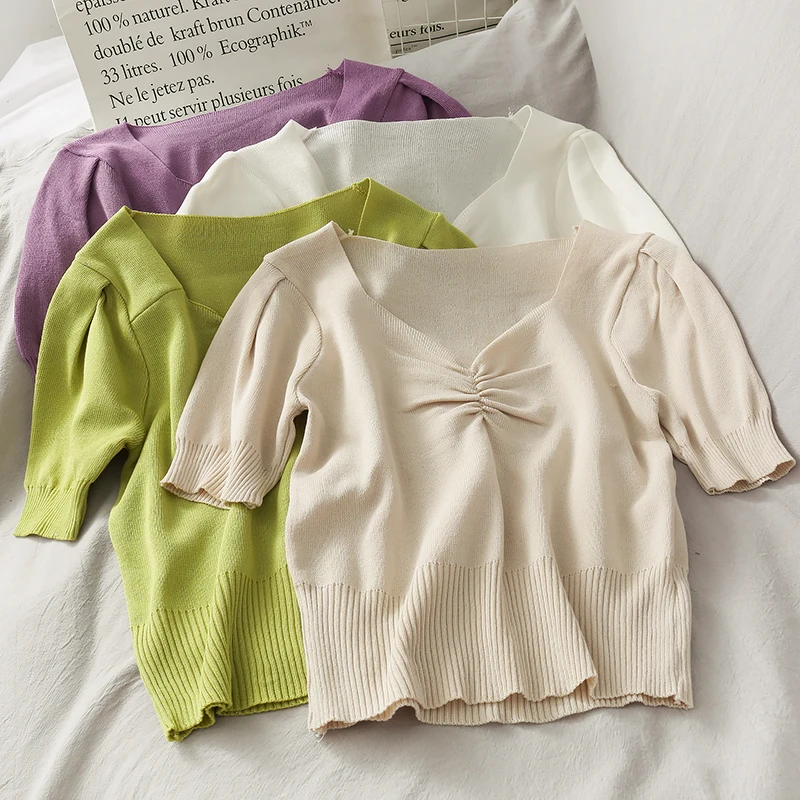 OUMEA Knitting Tshirt Women Short Sleeve V Neck Ruched Front Crop Tee Office Lady Elegant Fashion Crop Top Solid Color French
OUMEA Knitting Tshirt Women Short Sleeve V Neck Ruched Front Crop Tee Office Lady Elegant Fashion Crop Top Solid Color French