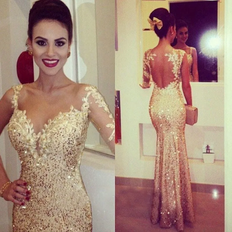 Sexy Nude Back Sweetheart Sequins Lace Mermaid Long Prom Long Sleeves Gold Evening Gowns One Shoulder Mother of the Bride Dress
Sexy Nude Back Sweetheart Sequins Lace Mermaid Long Prom Long Sleeves Gold Evening Gowns One Shoulder Mother of the Bride Dress